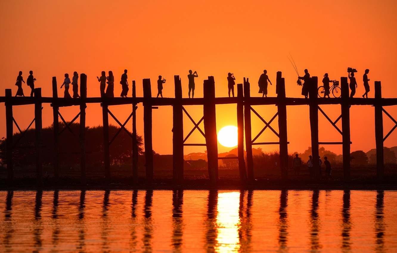 Wallpaper Sea Water Sunset Bridge People Silhouettes