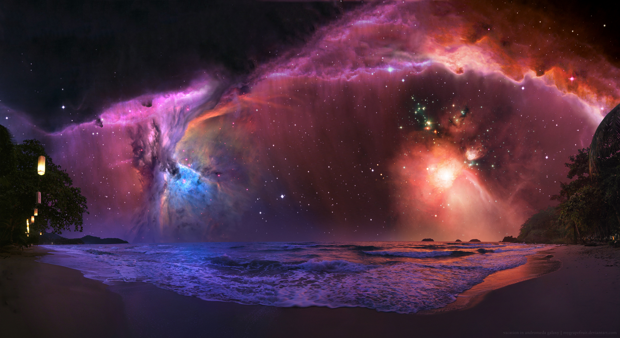 Sunset Beach Outer Space Trees Stars Galaxies Nebulae