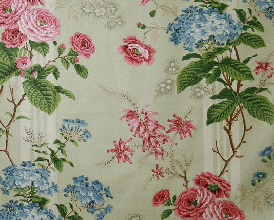 Amelia Floral Fabric Pretty Design With Blue Hydrangeas And Red