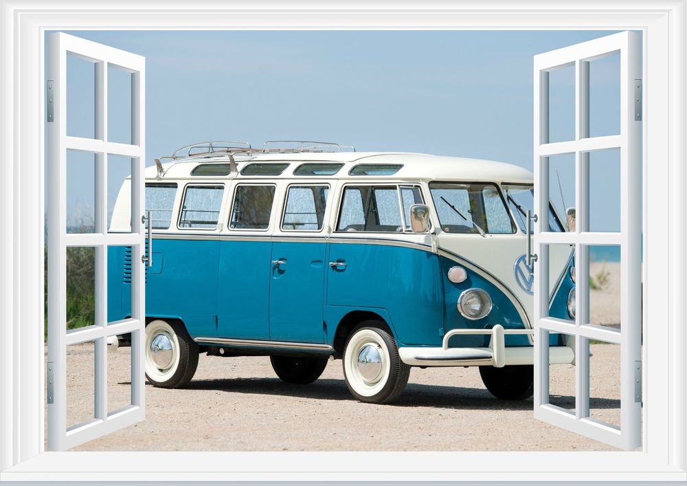 VW Splitscreen Surf Bus Beach 3D Window Wall Art Sticker Wallpaper 1000x707