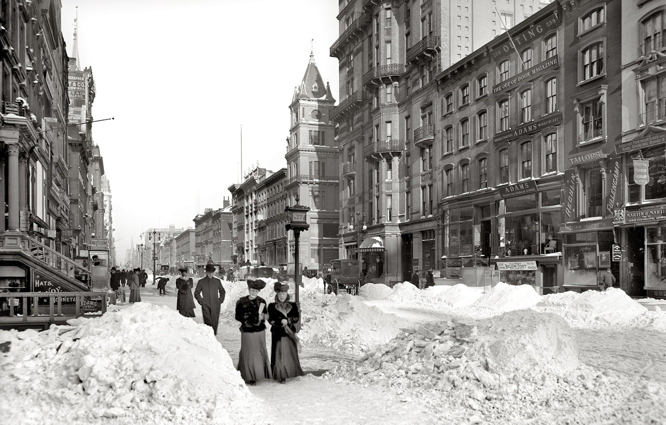 Wallpaper winter snow retro street New York USA 1905 God
