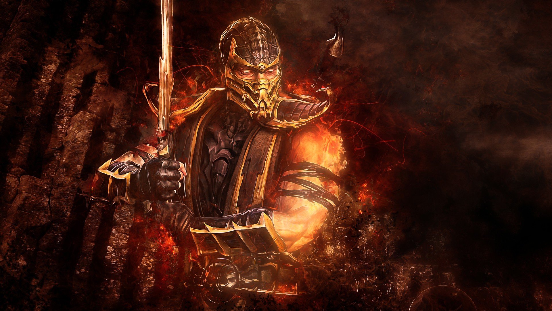 Scorpion from Mortal Kombat, wielding a sword amidst a fiery backdrop