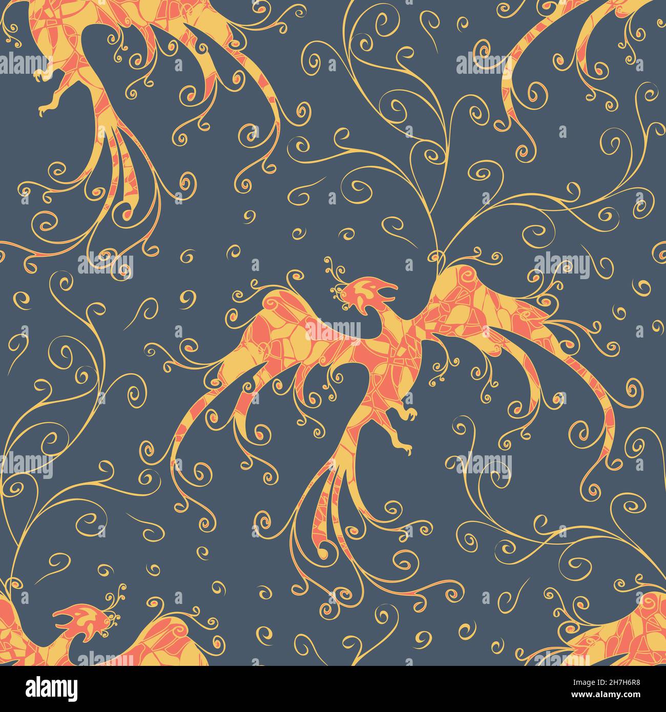 Seamless Vector Pattern With Fire Bird On Blue Background