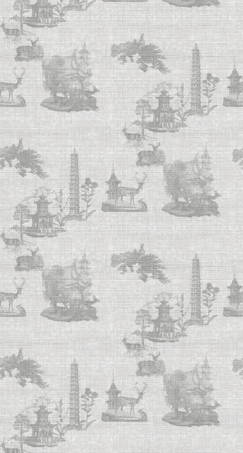 Metallic Grasscloth Wallpaper Pagoda Forest Toile Ghost and Charcoal