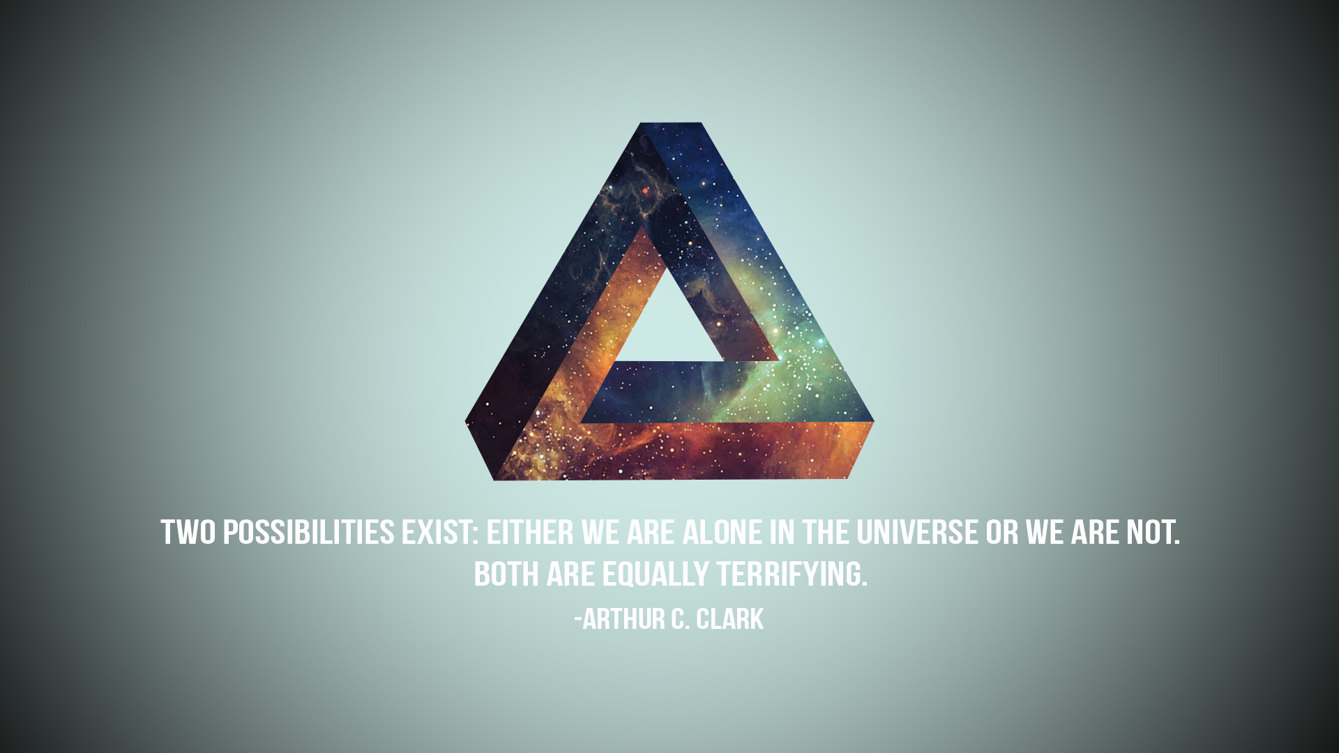 A Penrose triangle graphic with a space background and a quote from Arthur C. Clarke on the possibilities of life in the universe
