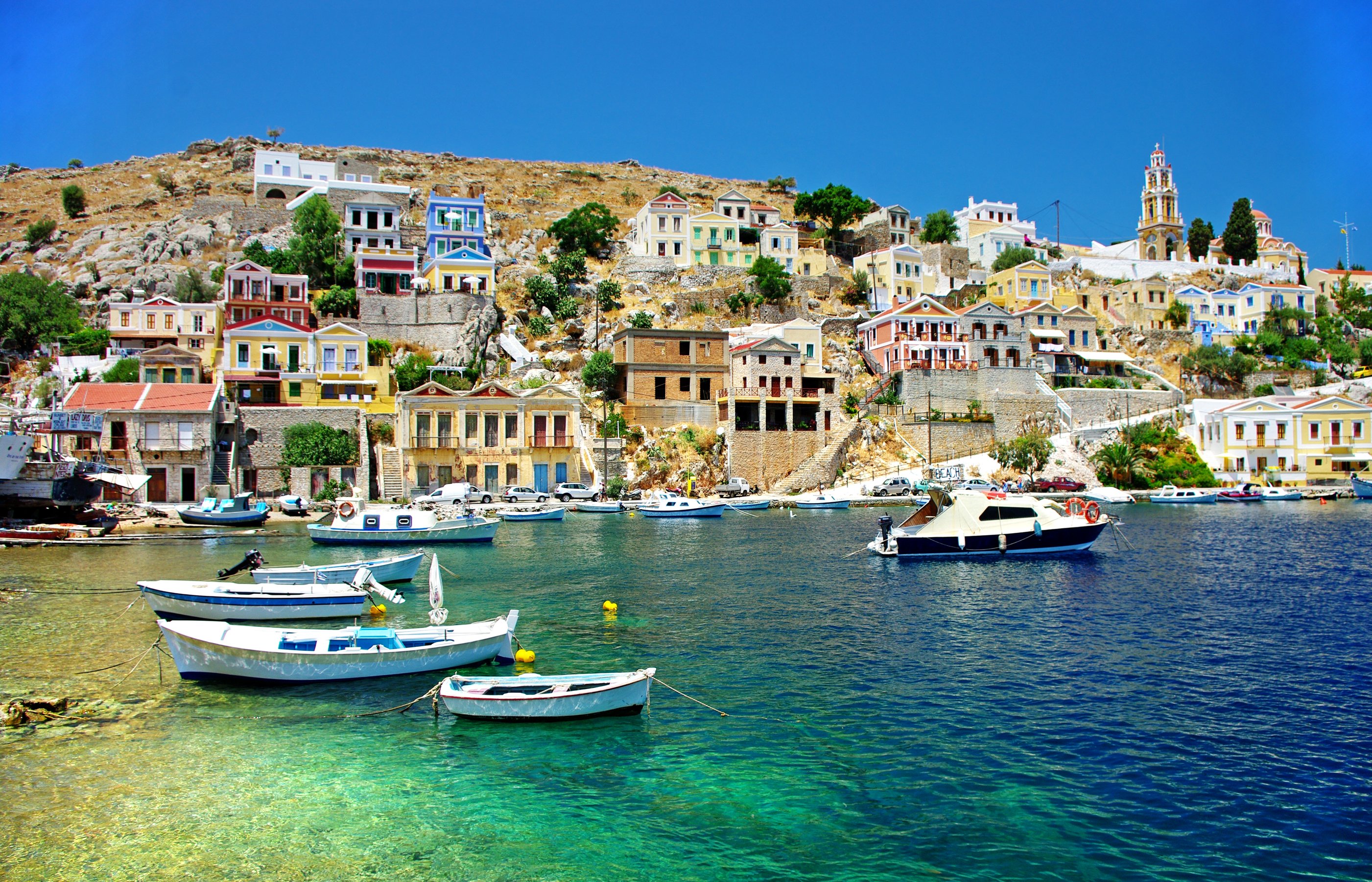 Greece Houses Sea Boats Corfu Cities Wallpaper