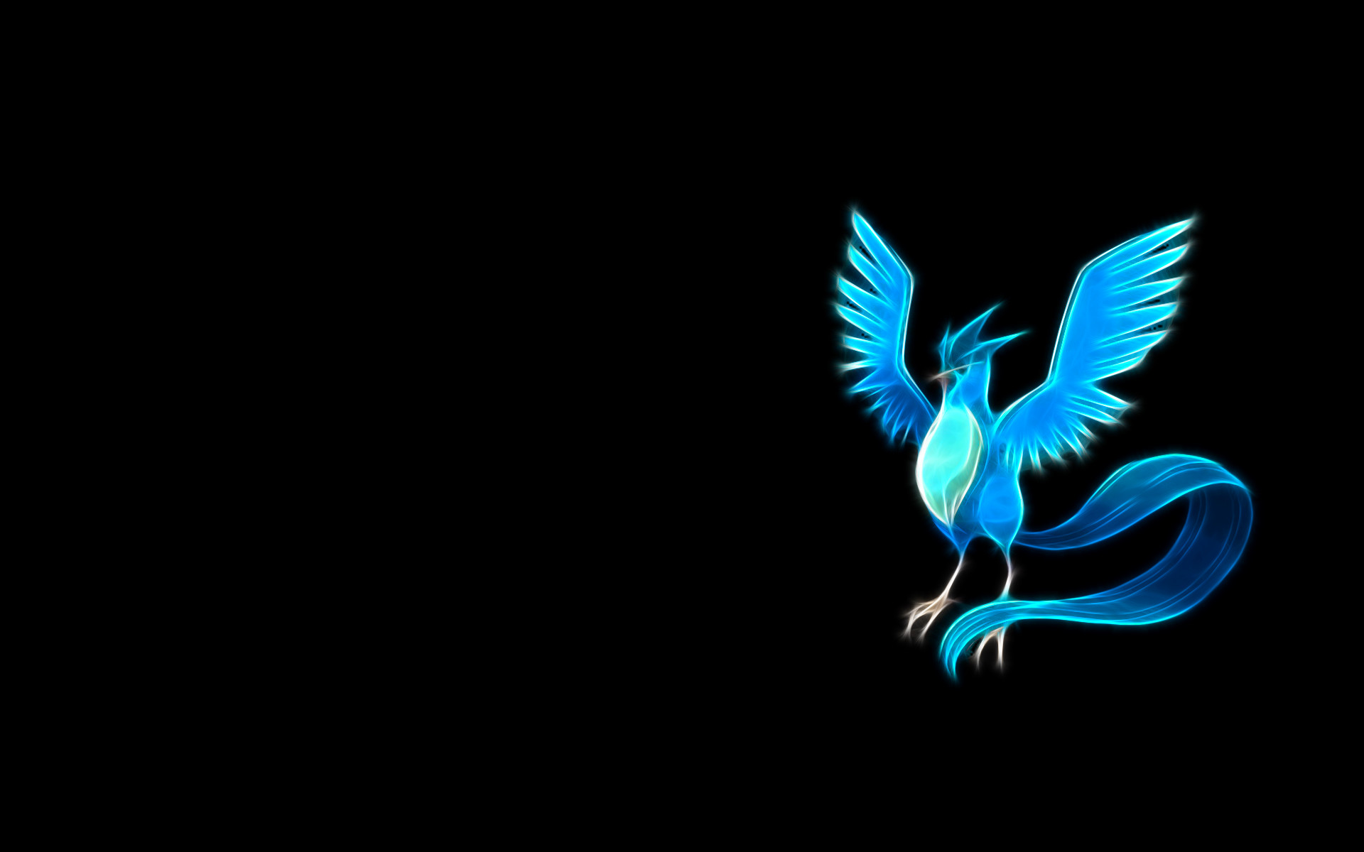 A vibrant, neon-style depiction of the legendary Pokémon Articuno against a stark black background