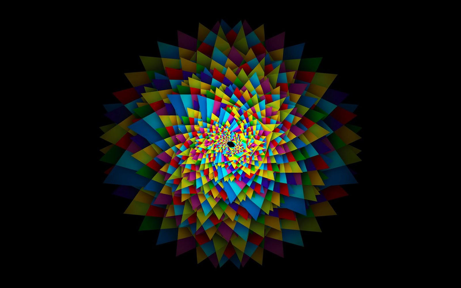 A vibrant abstract design featuring a kaleidoscope of colorful triangles spiraling inwards against a black background