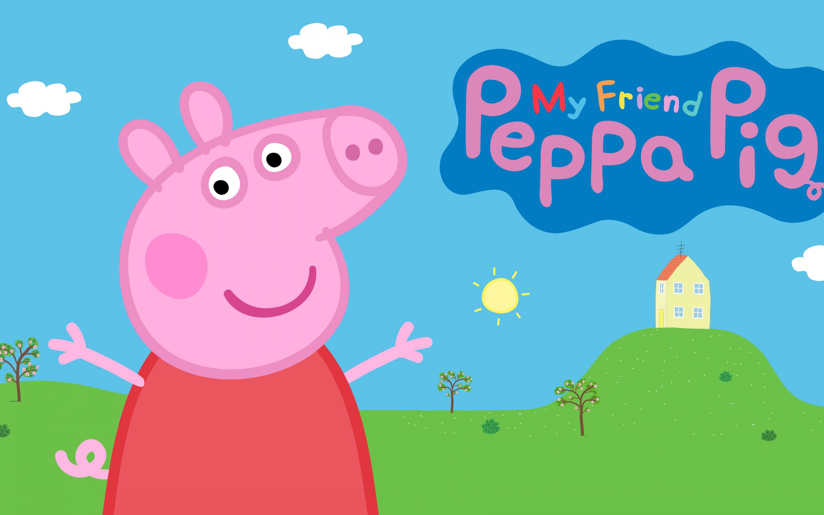 Peppa Pig standing in a field with her house in the background