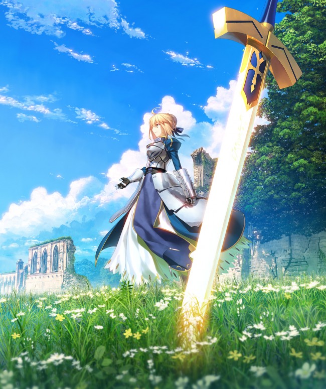 Wallpaper Saber Fate Stay Night Sword Grass Flowers Clouds
