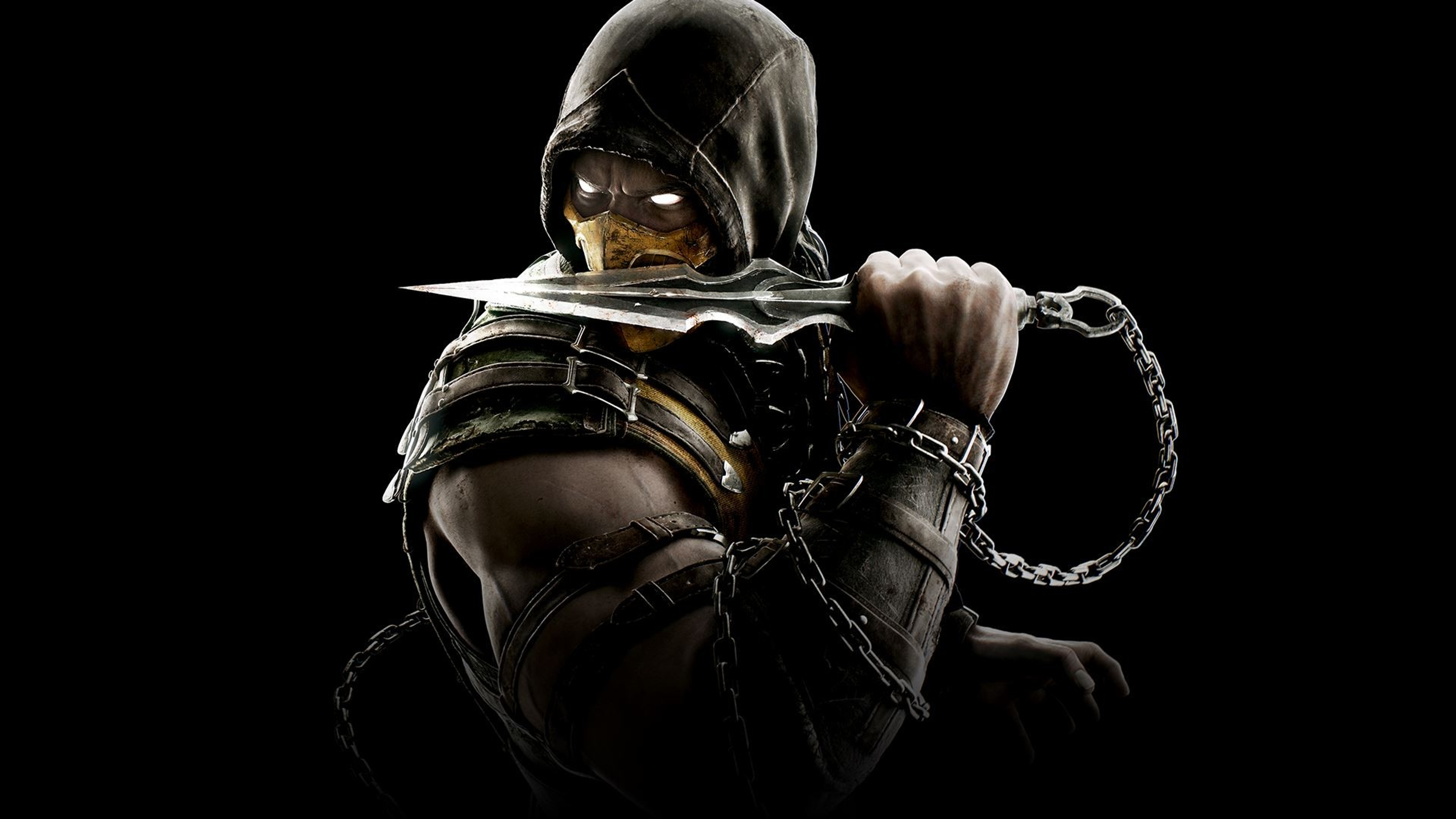 Mortal Kombat warrior, Scorpion, in a dark, hooded pose, wielding his signature kunai blade