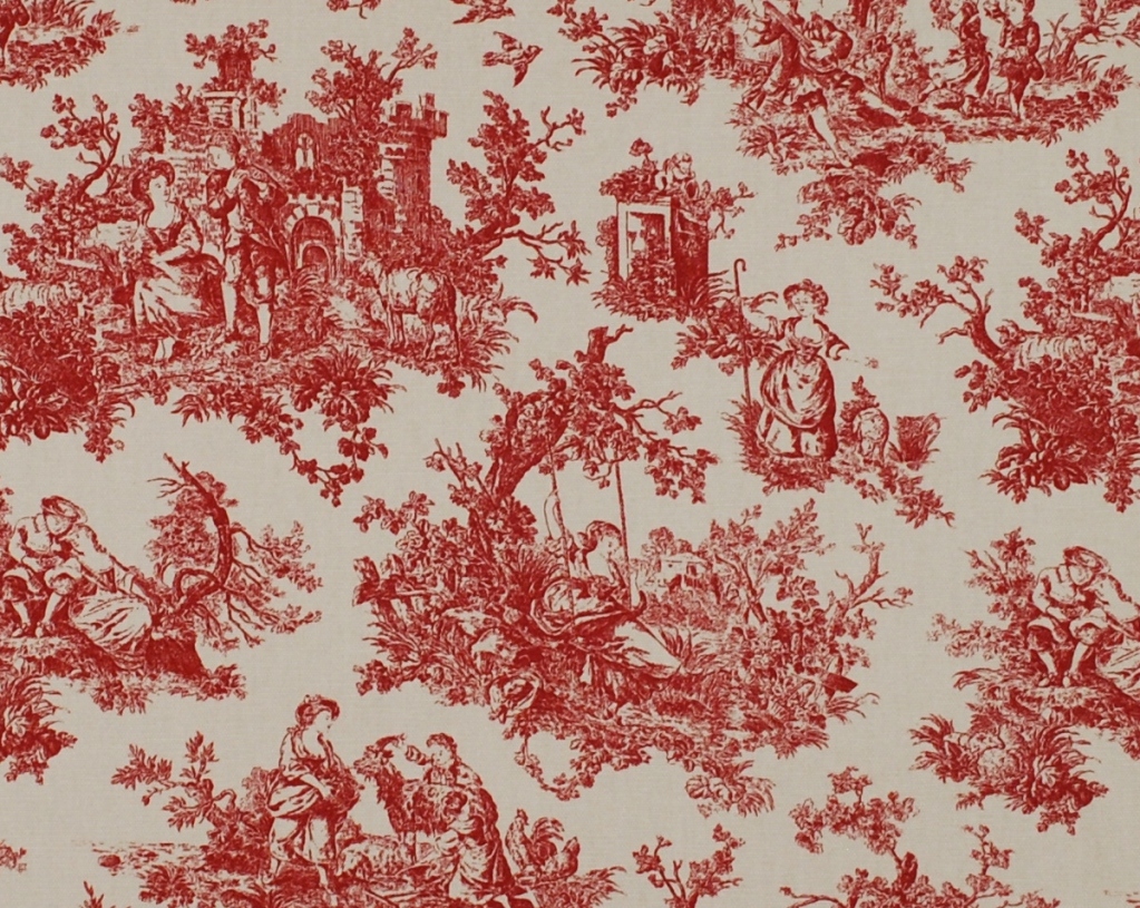Red and cream toile fabric perfect for curtains pillows or light