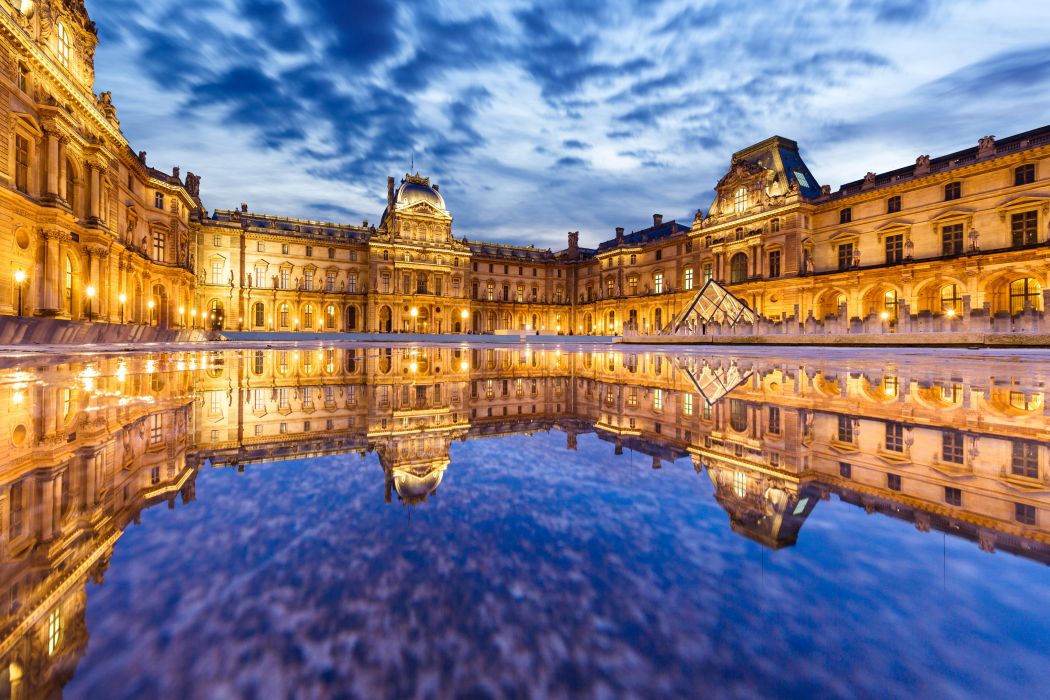 France Sky Water Paris Palace Night Street Lights Le Louvre Cities