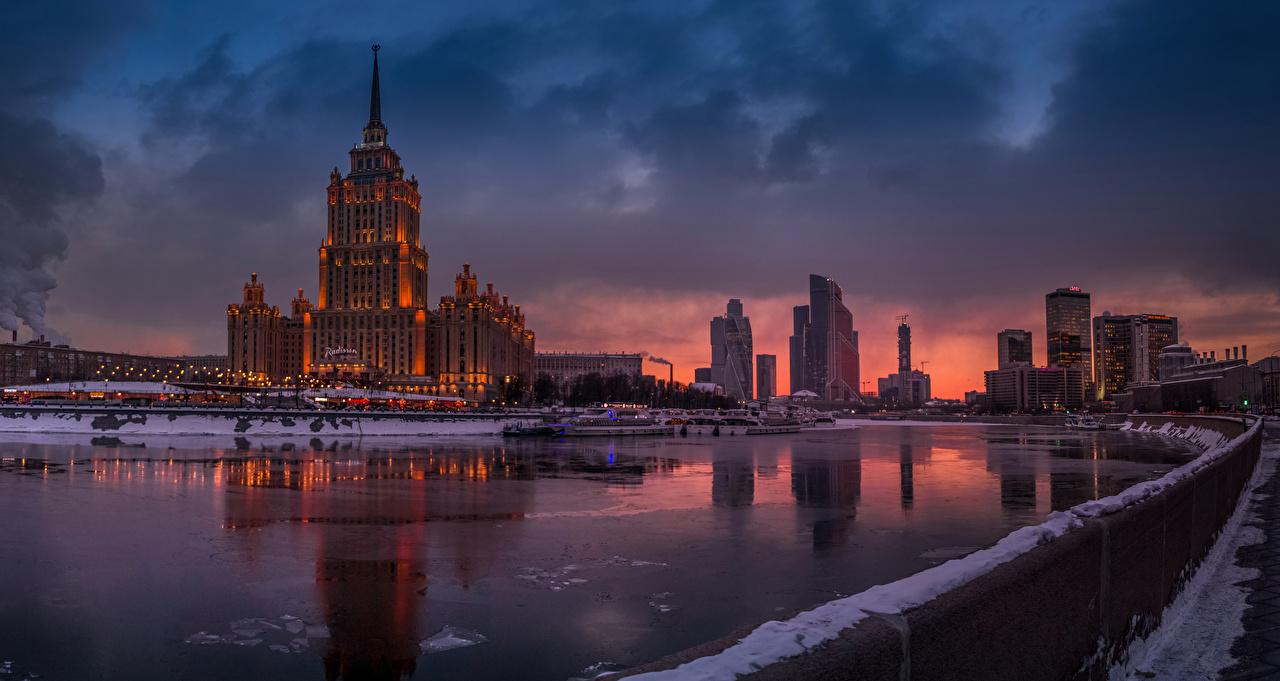 Desktop Wallpaper Moscow Russia Winter Pier Rivers Evening Houses