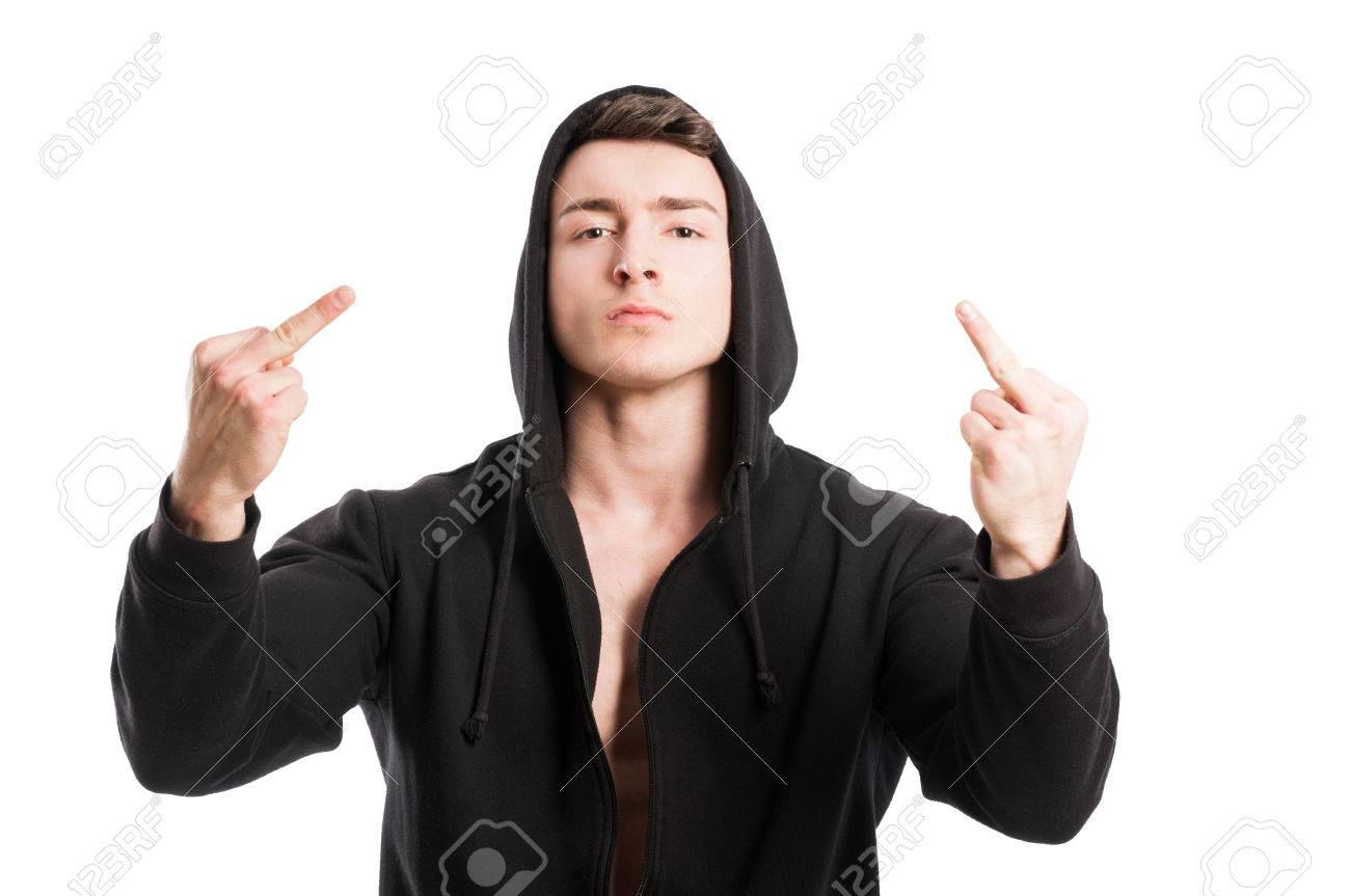 Badboy Showing Middle Fingers Wearing A Black Hoodie On White