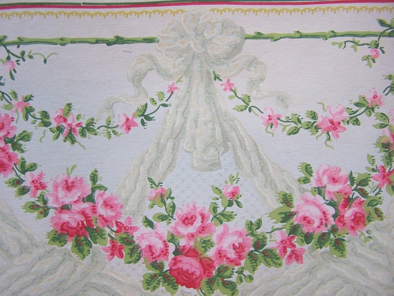 1900s Antique Wallpaper Rose Garland Swags Bows Large Border Liberty