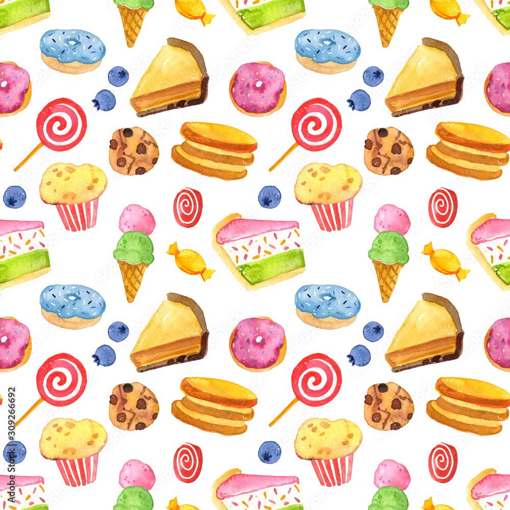Watercolor Hand Painted Cute Sweet Desserts Seamless Pattern