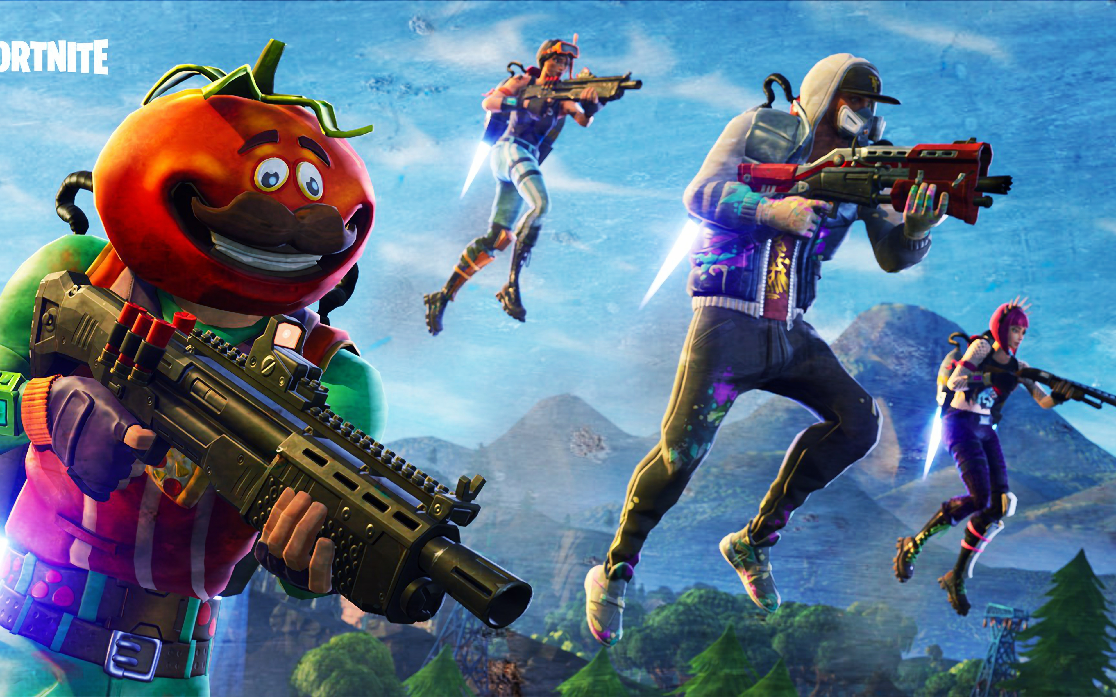 Fortnite characters in action with weapons, 4k wallpaper
