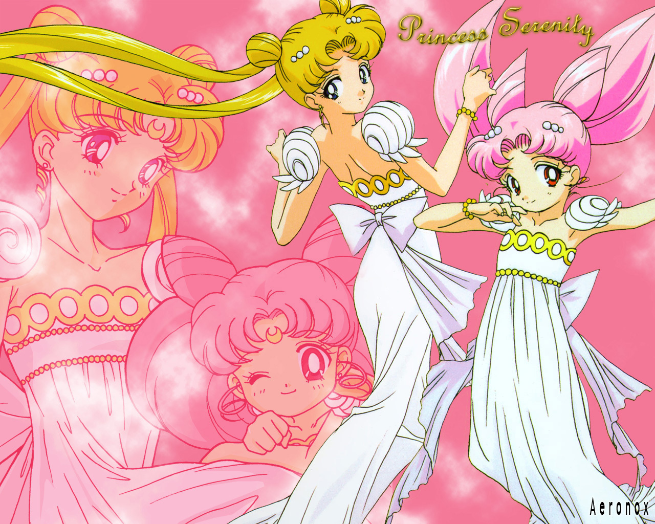 Princess Serenity and Small Lady Serenity in elegant white dresses, a Sailor Moon wallpaper