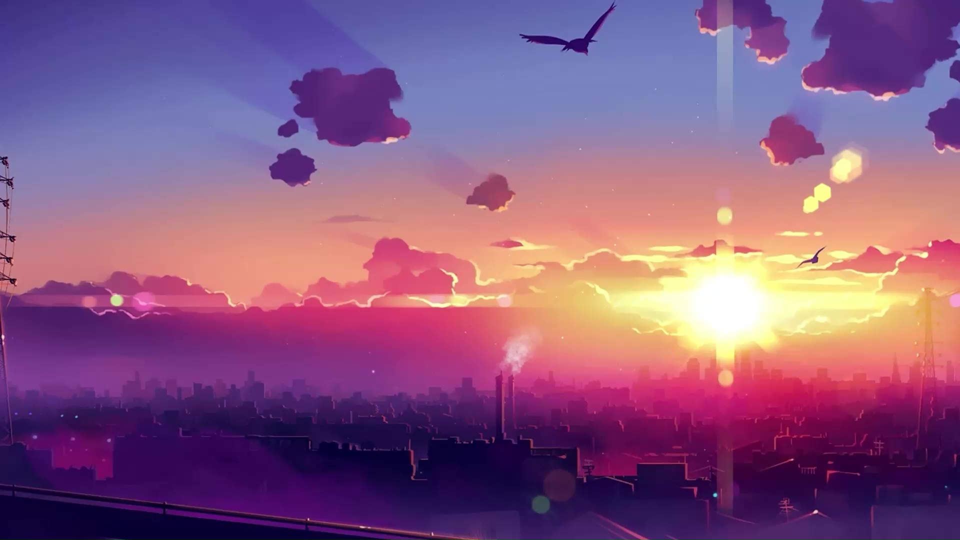 Vivid anime cityscape at sunset with soaring birds, perfect for a live wallpaper