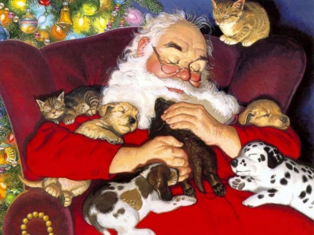 Santa With Puppies And Kittens Christmas Wallpaper