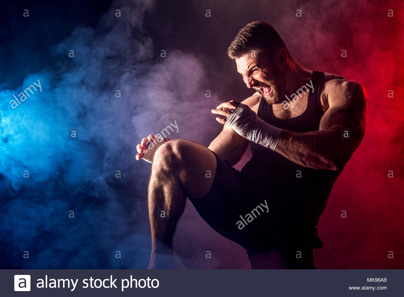 Sport Concept Sportsman Muay Thai Boxer Fighting On Black