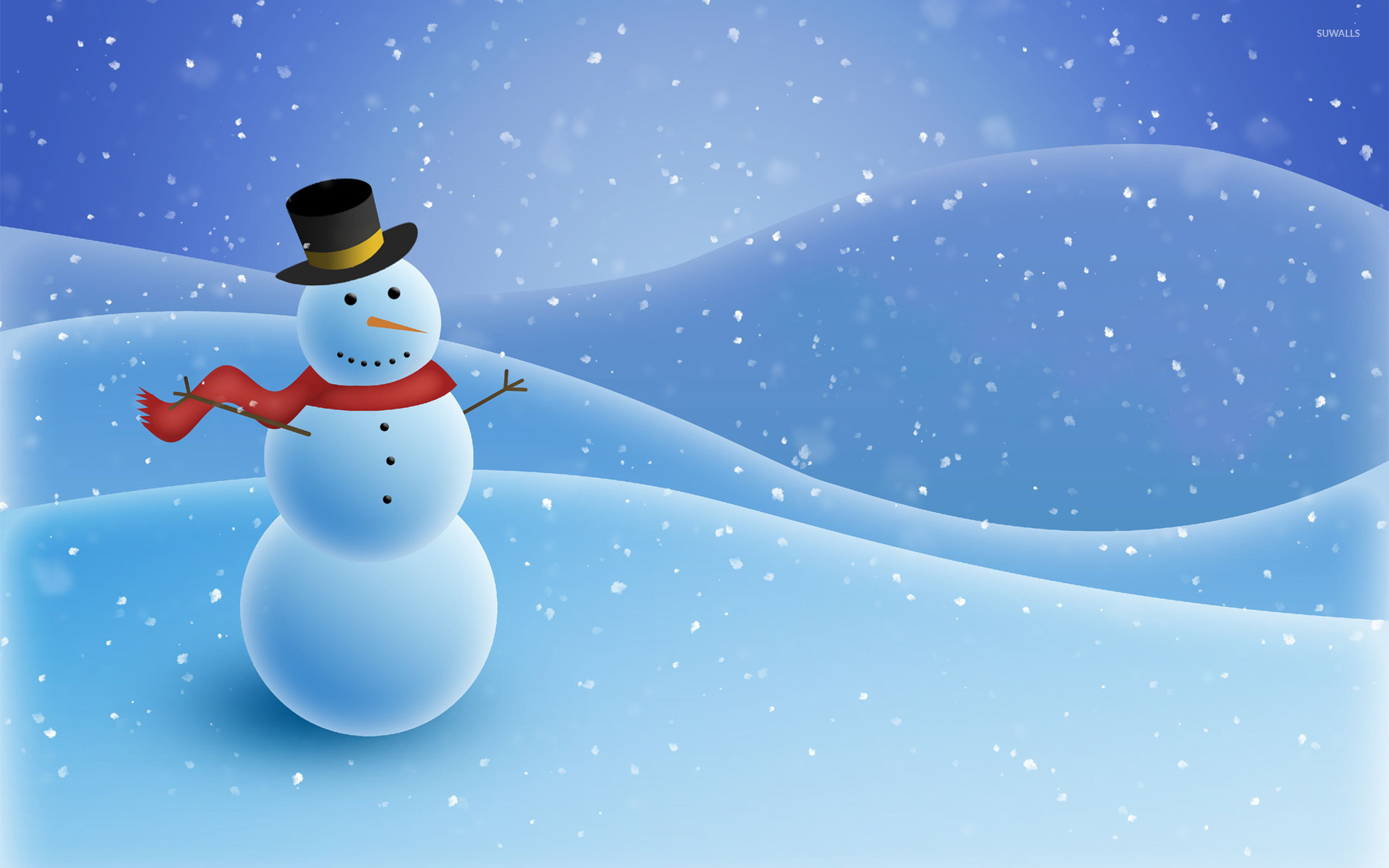 A cheerful snowman with a top hat and red scarf stands in a snowy landscape under a gently falling snow