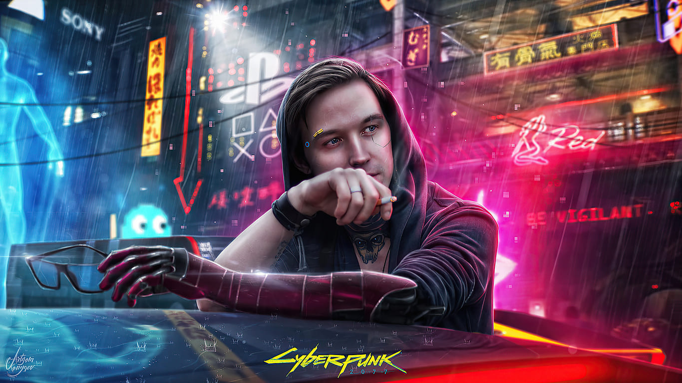 Download wallpaper 1366x768 cyberpunk 2077, a girl with car, art, tablet,  laptop, 1366x768 hd background, 19270