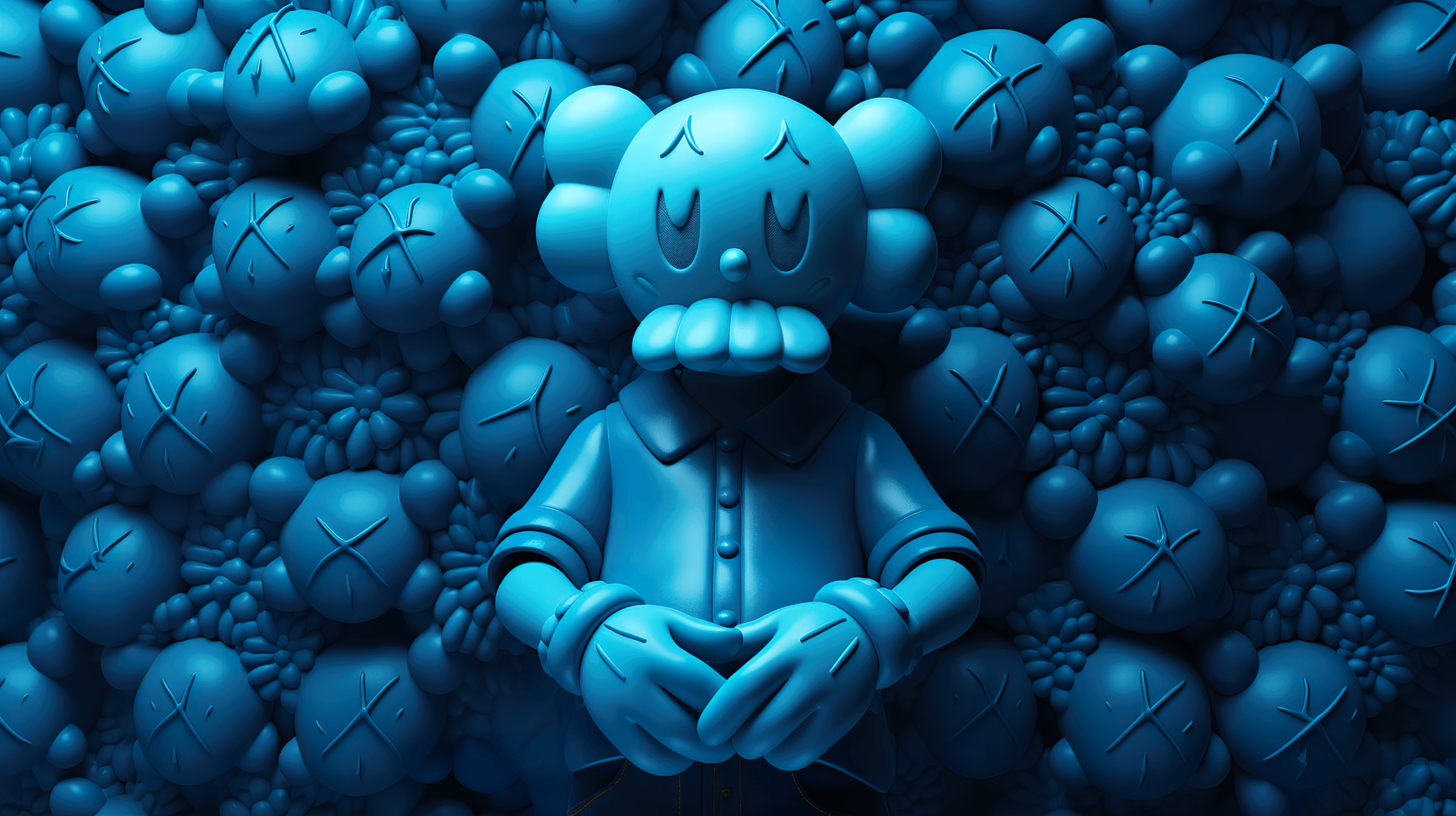 A 4K render of a blue Kaws Companion figure against a background of smaller Kaws Companion heads, ideal for desktop wallpaper