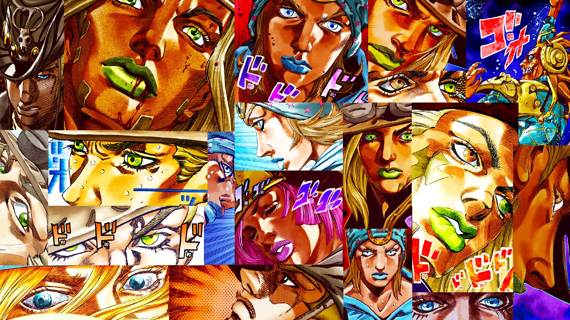 Collage of various JoJo's Bizarre Adventure characters with a focus on close-ups of their faces and expressions