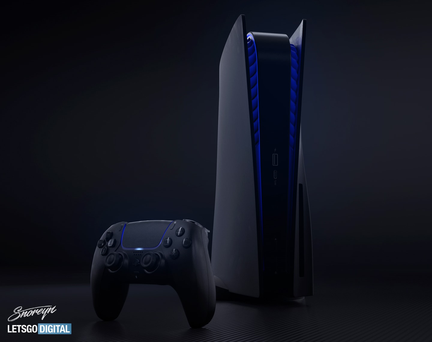 A sleek, black PlayStation 5 console stands tall beside its matching DualSense controller, both emitting a soft, blue glow. The console's futuristic design and the controller's ergonomic shape are highlighted against a dark, textured background