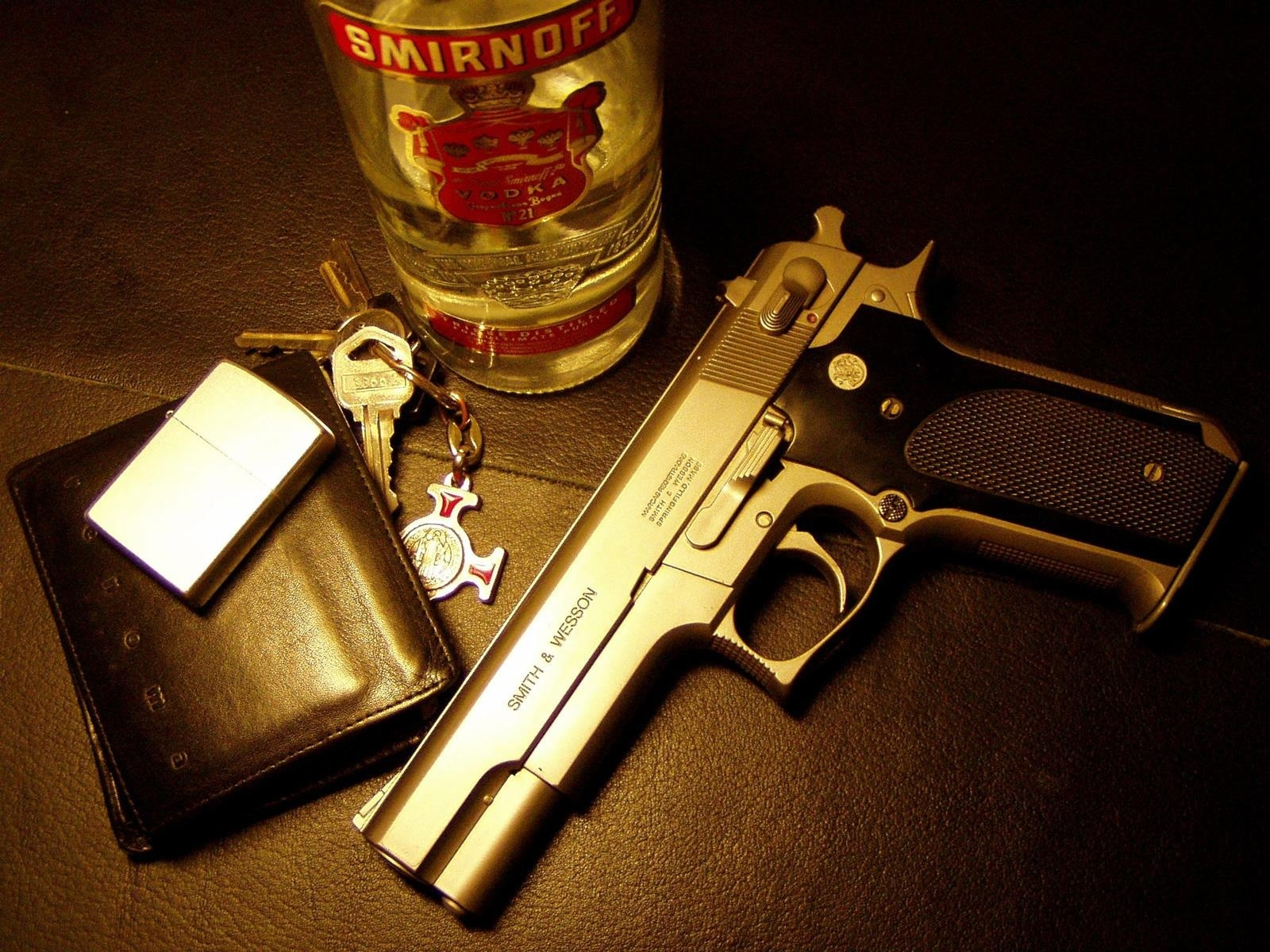 Gun Bottle Key And Wallet Gold HD Wallpaper