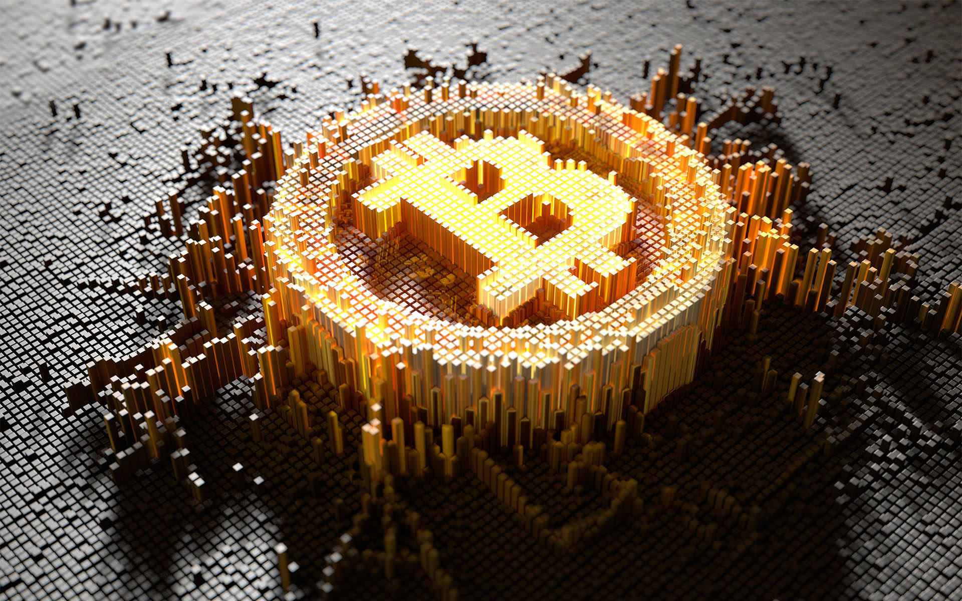 3D Render of a Bitcoin Symbol Emerging from a Pixelated Surface