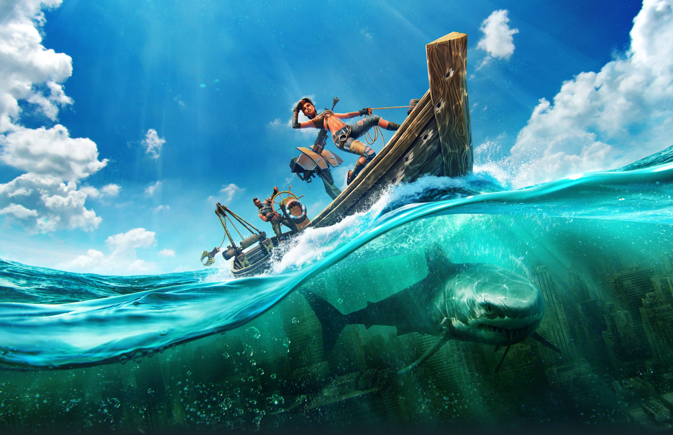 A small wooden boat navigates a vibrant ocean, with a large shark lurking beneath the surface. Hints of a submerged city are visible in the depths