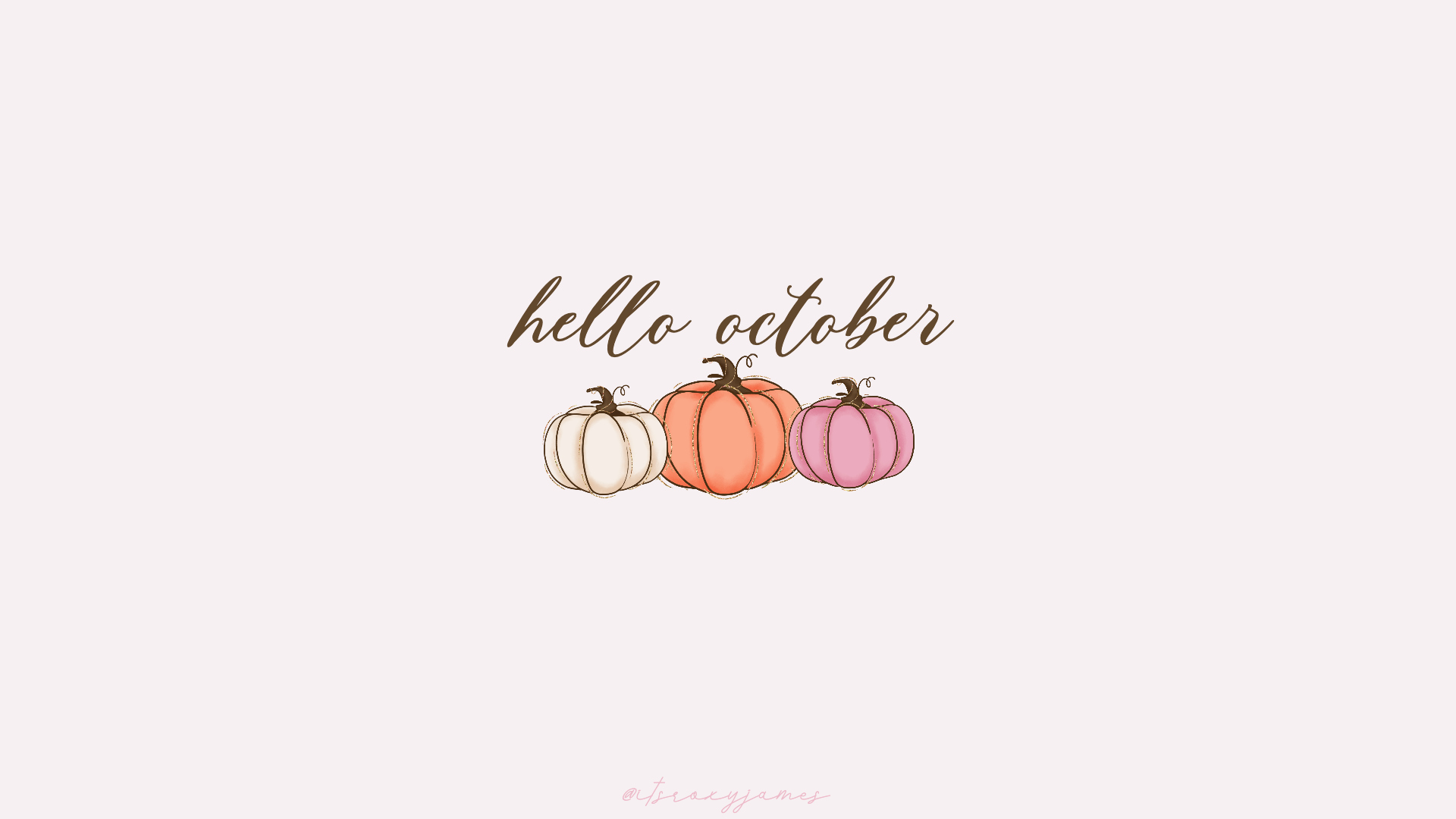Hello October greeting with three pumpkins in pastel colors on a soft pink background