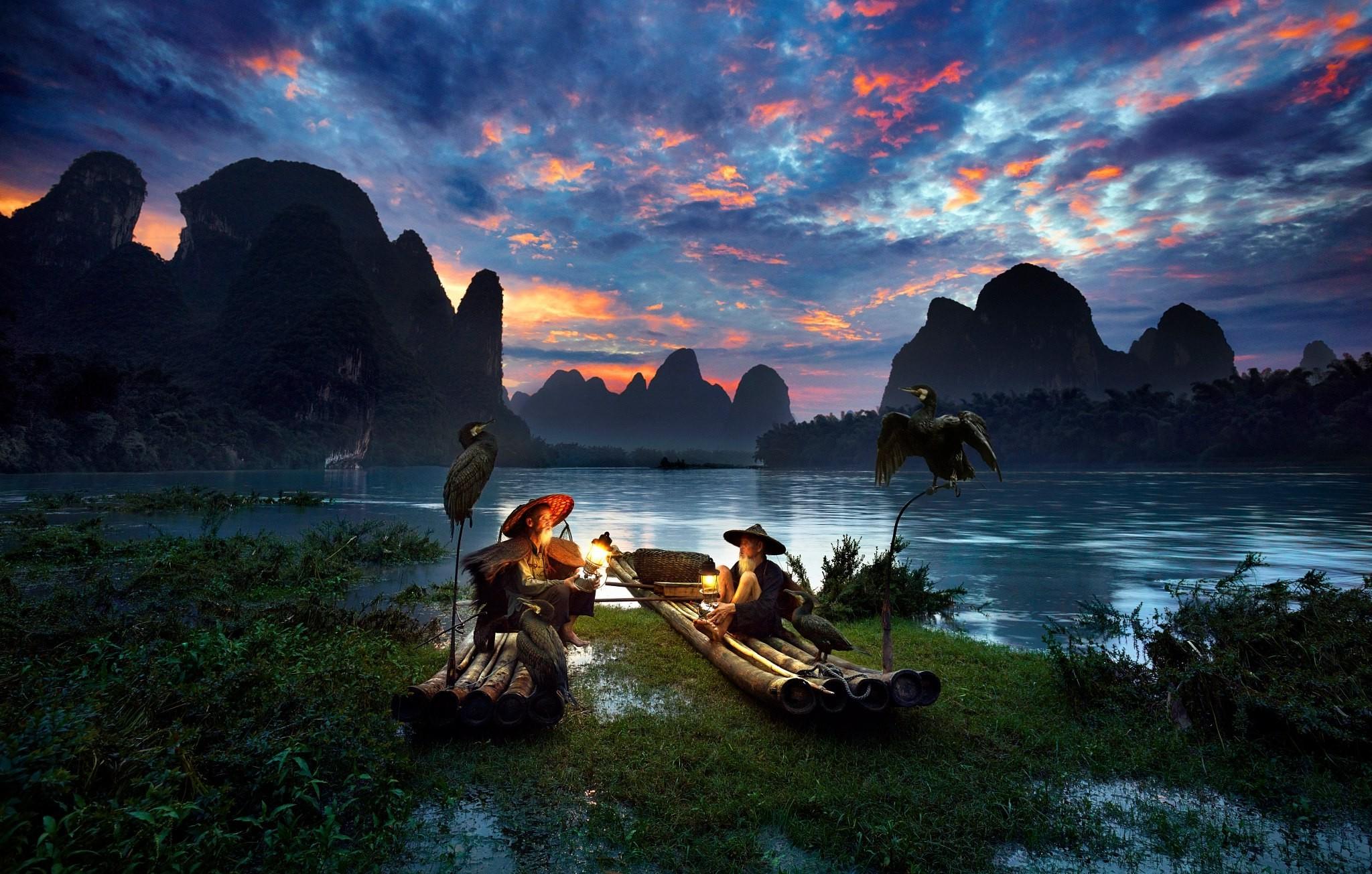 Men Nature River Birds Asian Mountain China Wallpaper HD