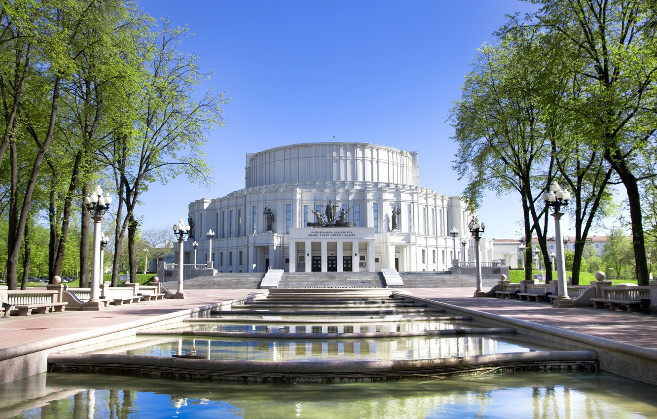Wallpaper The Sky Trees Lights Fountain Statues Belarus