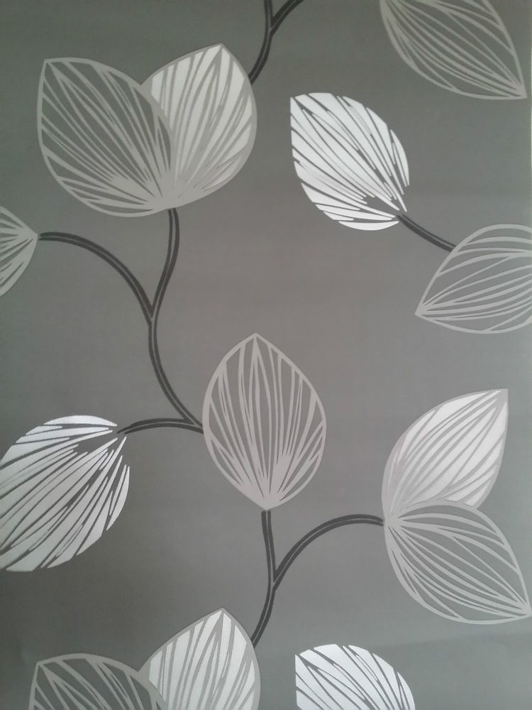Black Grey Silver Leaf Designer Feature Wall Wallpaper