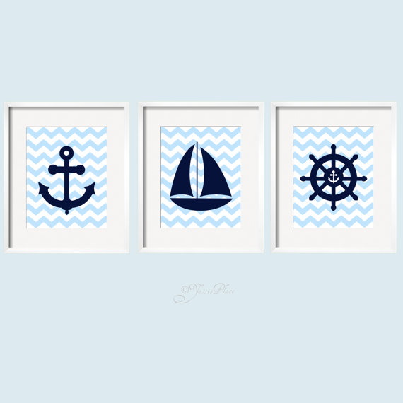 Nautical Prints In Navy And Blue On Chevron Background