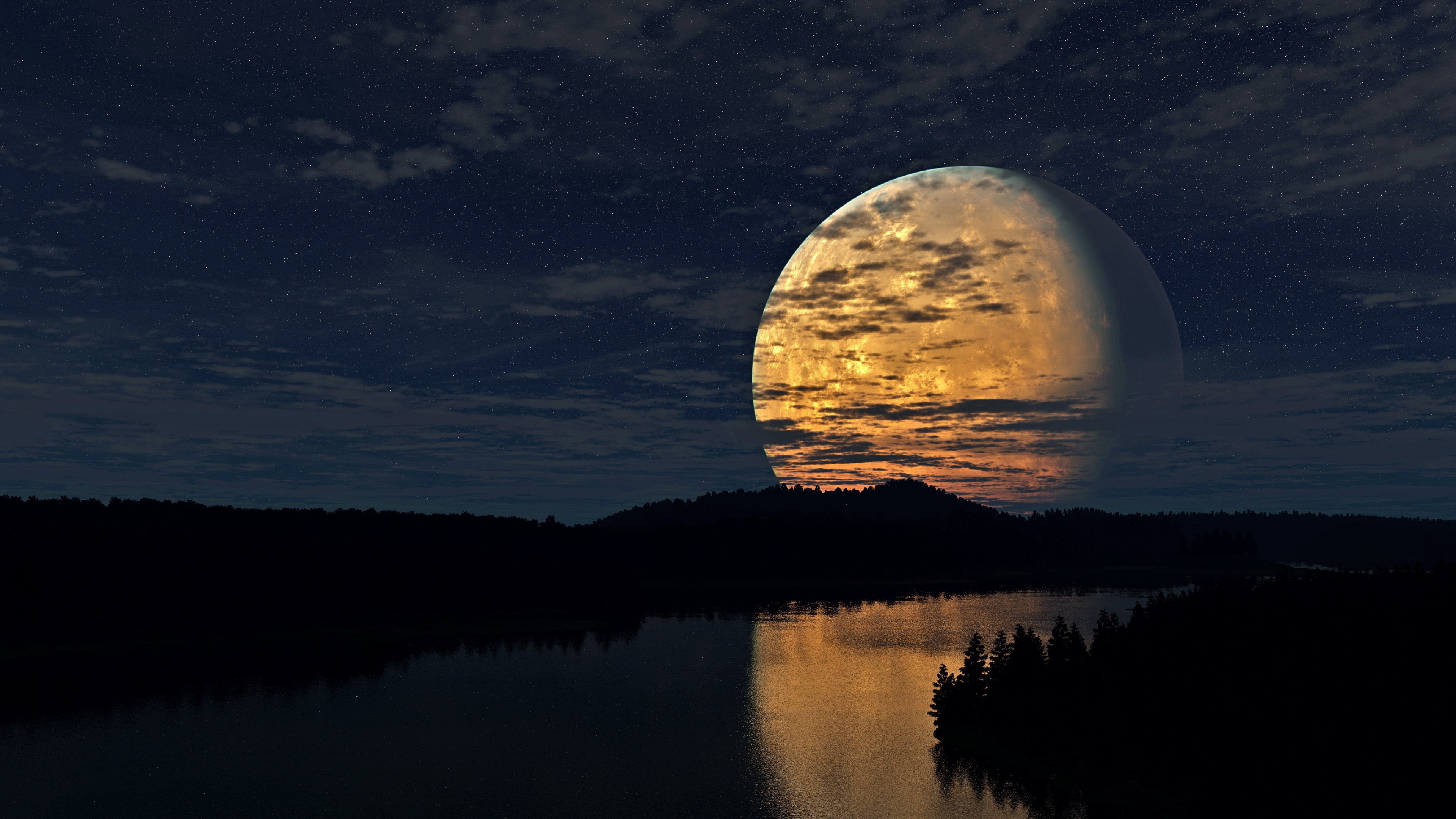  Night Sky Moon Trees River Reflection Wallpaper Background 4K