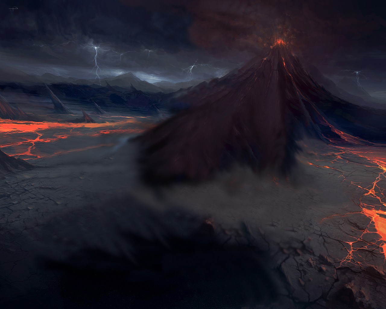 Wallpaper The Volcano Lightning Lava Fantasy