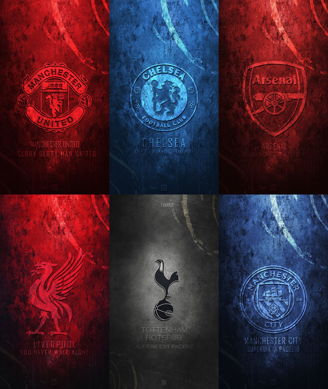 A collage of 4K wallpapers featuring logos and mottos of six prominent Premier League clubs: Manchester United, Chelsea, Arsenal, Liverpool, Tottenham Hotspur, and Manchester City