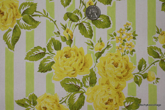 S Vintage Wallpaper Yellow Roses On Green Stripe Background