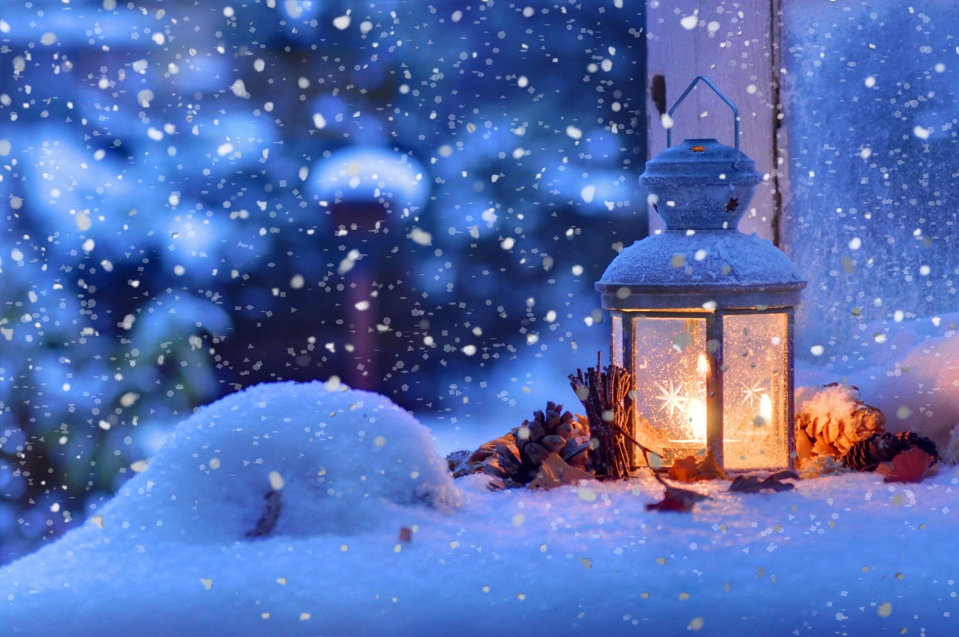 Photography Winter Christmas Snowfall Snowflake Lantern Wallpaper