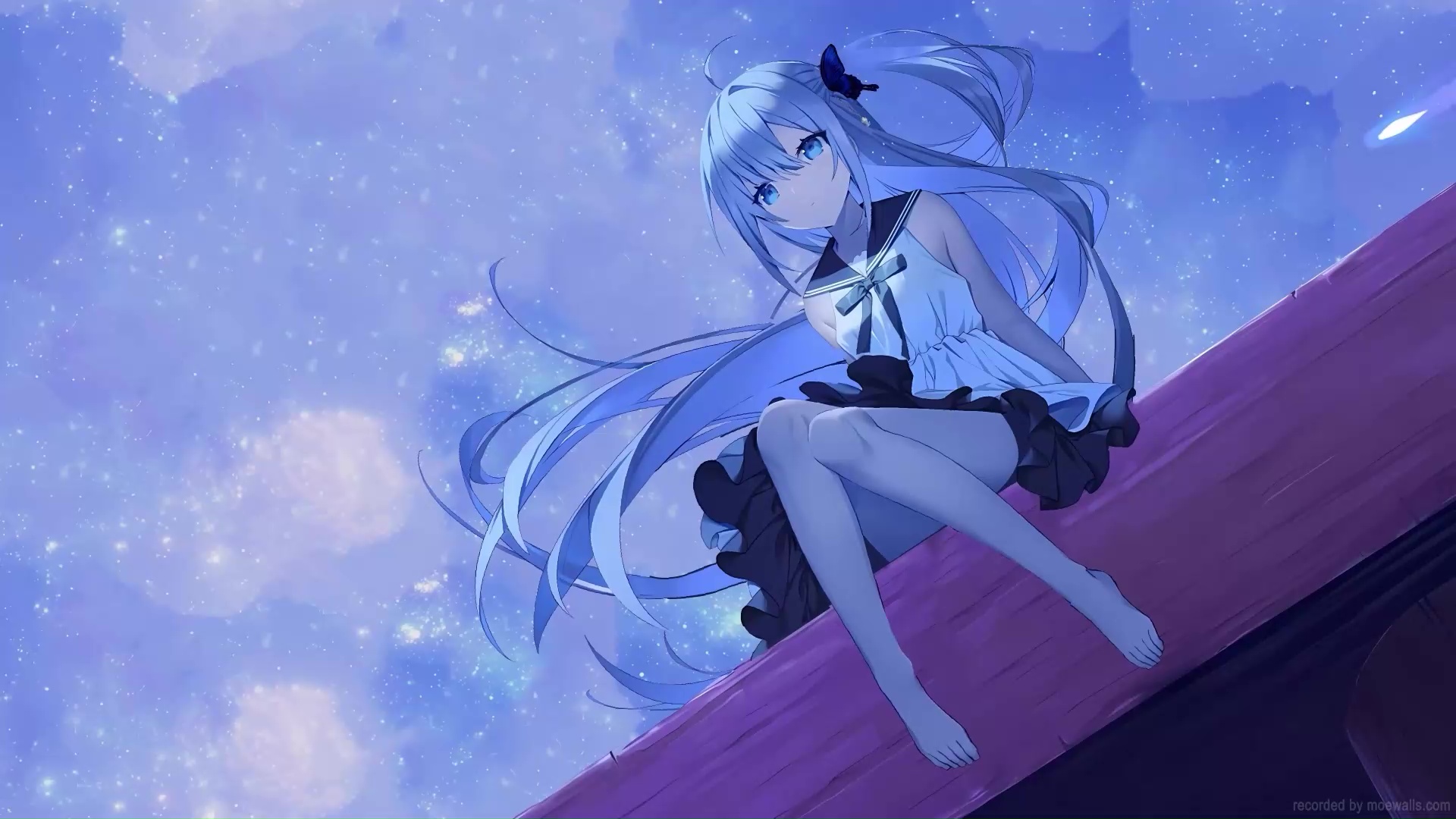 Anime girl with long blue hair sitting on a rooftop under a starry night sky, live wallpaper aesthetic