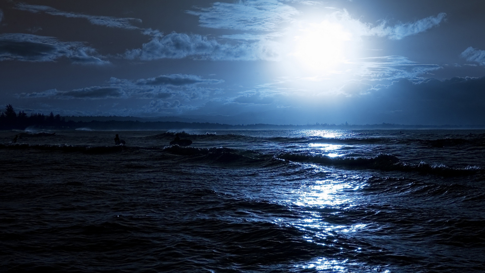 Moon Night Ocean Coast Light Serfer Outlines Full HD 1080p