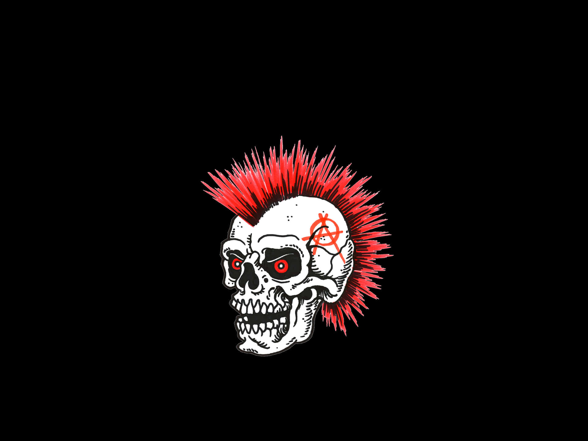 A punk rock skull with a bright red mohawk and an anarchy symbol on its forehead against a black background