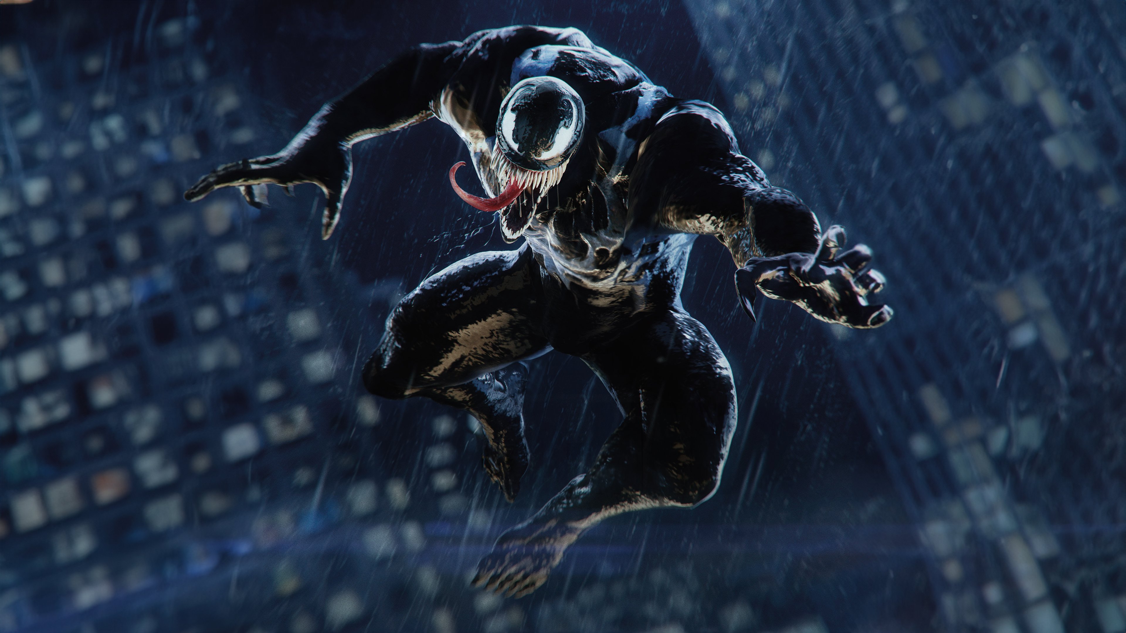 Venom leaping through a rain-soaked cityscape at night