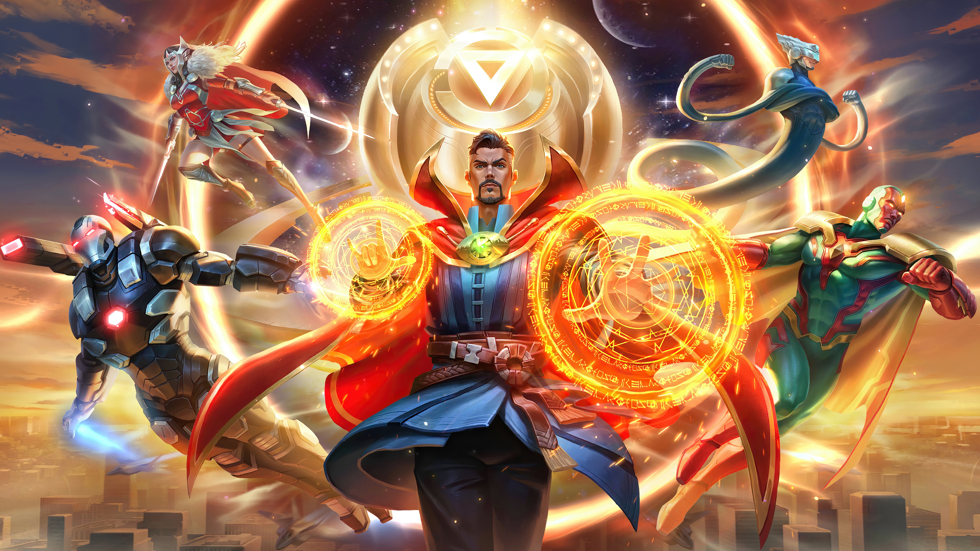 Marvel superheroes assembled, featuring Doctor Strange, Vision, War Machine, and Valkyrie, against a cosmic backdrop