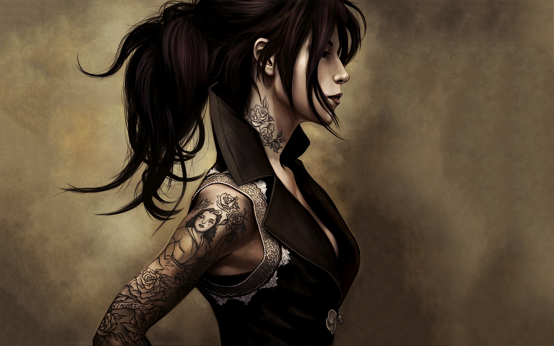 A woman with intricate tattoos on her arm and neck, including a portrait and floral designs, posing against a textured background